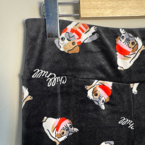 Ardene Womens Black Velour Pug Dog Lounge Pajama Leggings Sleep Pants Size Large - Picture 2 of 11